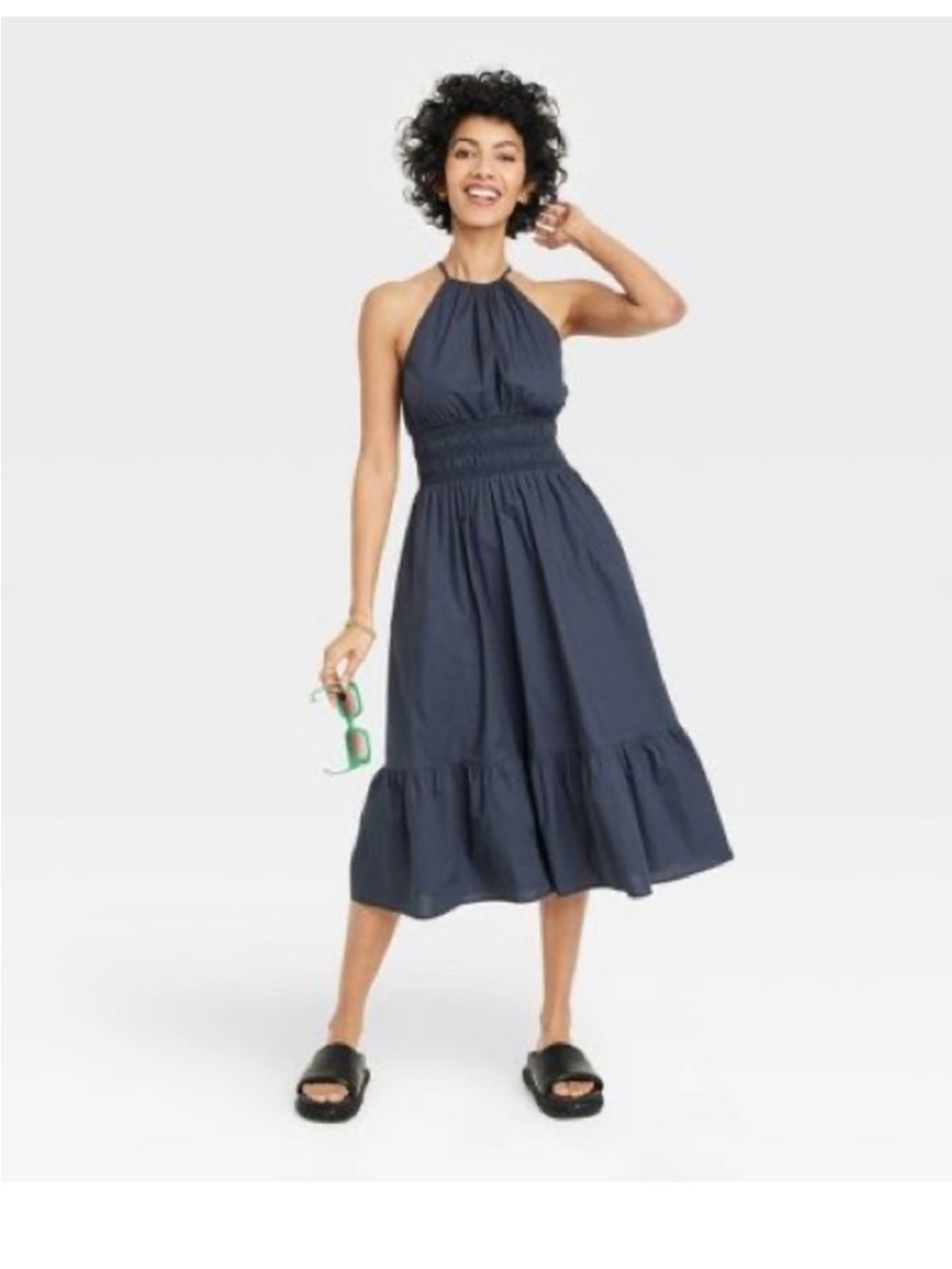 100% cotton navy  Halter Midi Sundress with Smocked Waist